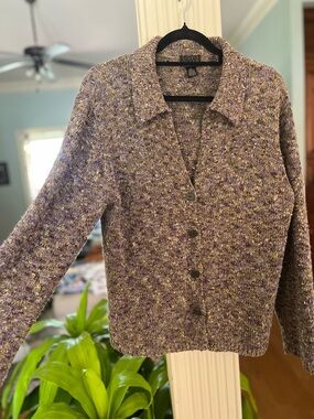 Sigrid Olsen Textured Knit Cardigan Lavender Gold Button Front Size L Textured